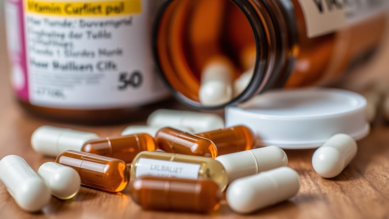 Cận cảnh chai vitamin với viên nang rơi ra bên cạnh